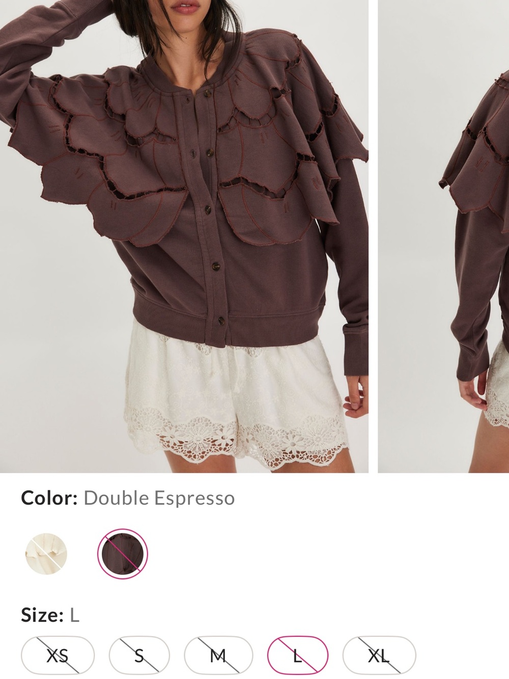 Free People Scallop-Layered Button Cardigan in Double Espresso
